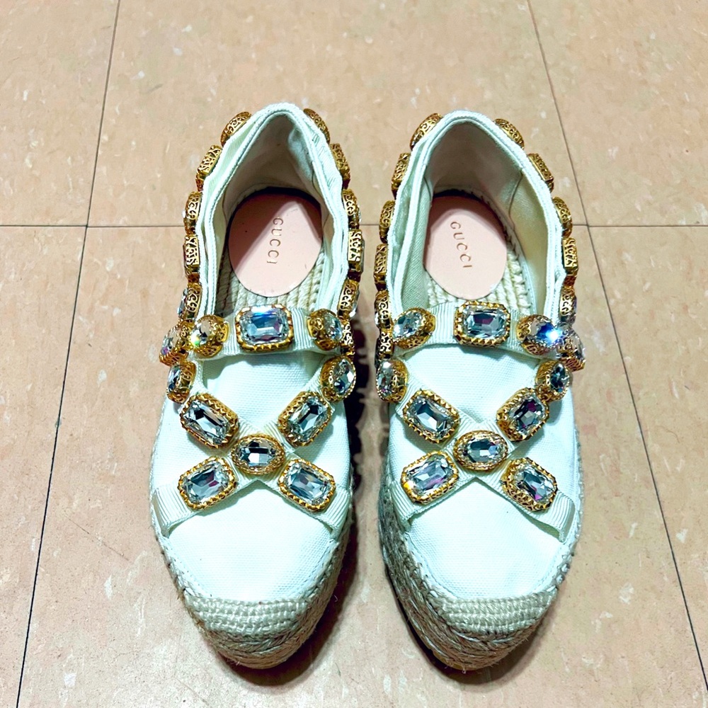Gucci White Crystal Slip On Wedges